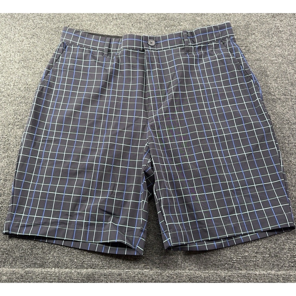 Extracurricular Golf Shorts 34 Blue Flat Front 8" Blue Plaid Grip Waist EUC